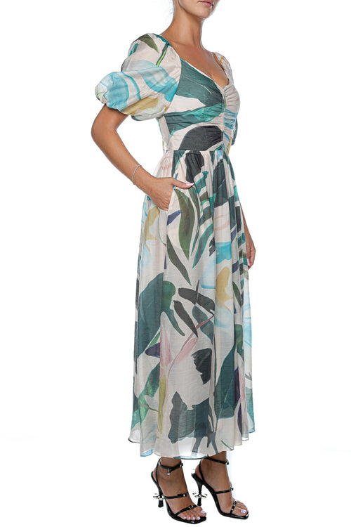 Rochie Ted Baker Moyla Printed Puff Sleeve Ruched Detail Midi D