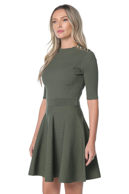 Rochie Ted Baker Lilano Ribbed Knit Button Detail Skater Verde