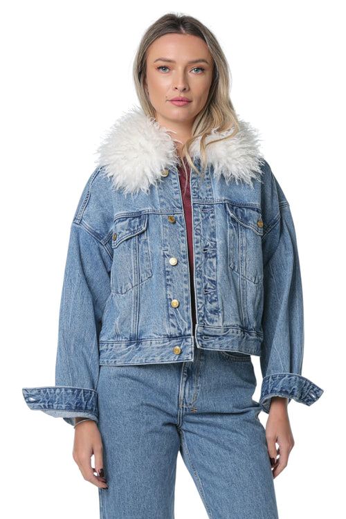 Jacheta Michael Kors Fur Collared Denim Albastru