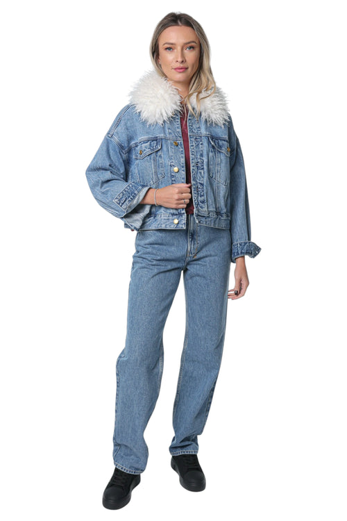 Jacheta Michael Kors Fur Collared Denim Albastru