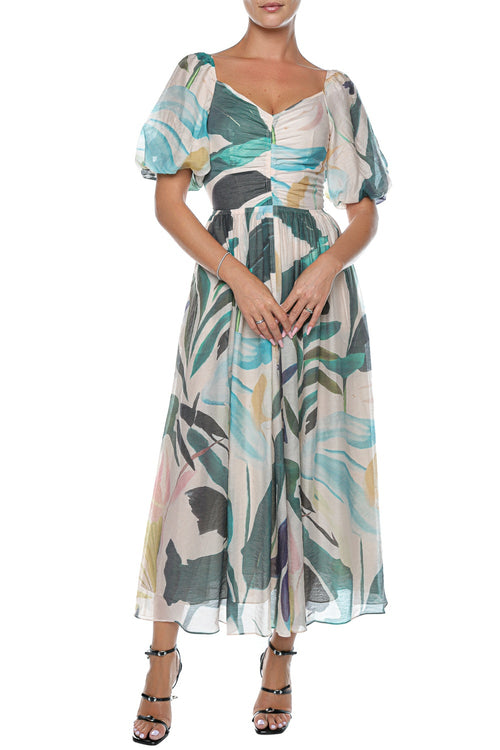 Rochie Ted Baker Moyla Printed Puff Sleeve Ruched Detail Midi D